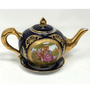 Vintage France Courting Couple Teapot Cobalt Blue Gold Pot w/ Limoges Mini Plate